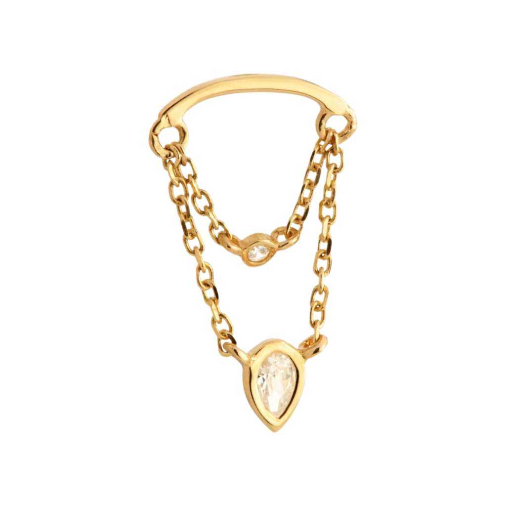 Tish Lyon - 14ct Threadless Curved Bar & Double Chain Jewelled Pear Attachmen
